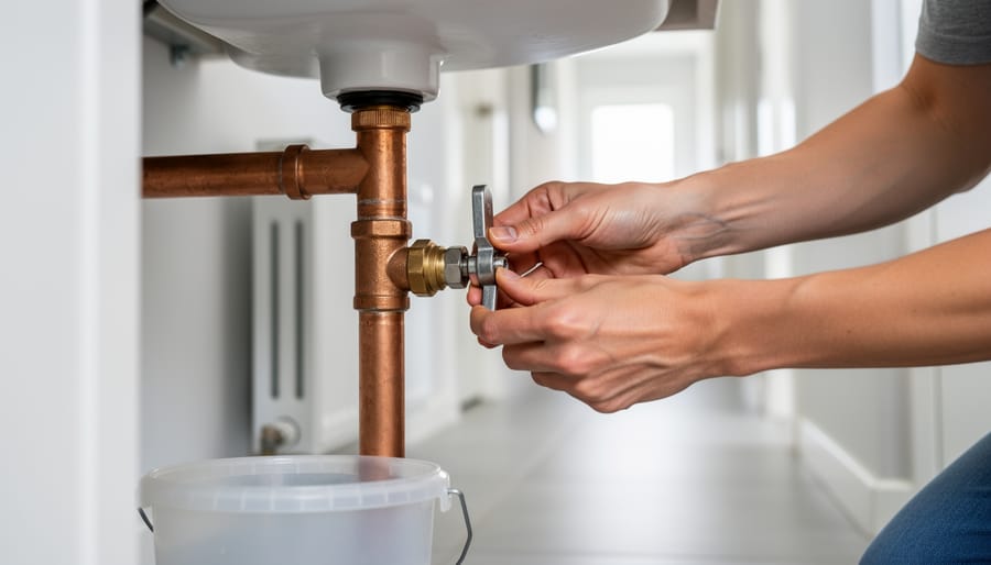 Close-up of hands checking copper plumbing pipes and a shutoff valve under a bathroom sink, with a bucket nearby.