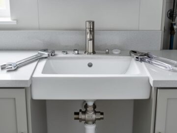 Plumbing tools and a shutoff valve beside a partially disassembled faucet under soft natural light in a clean bathroom sink area.