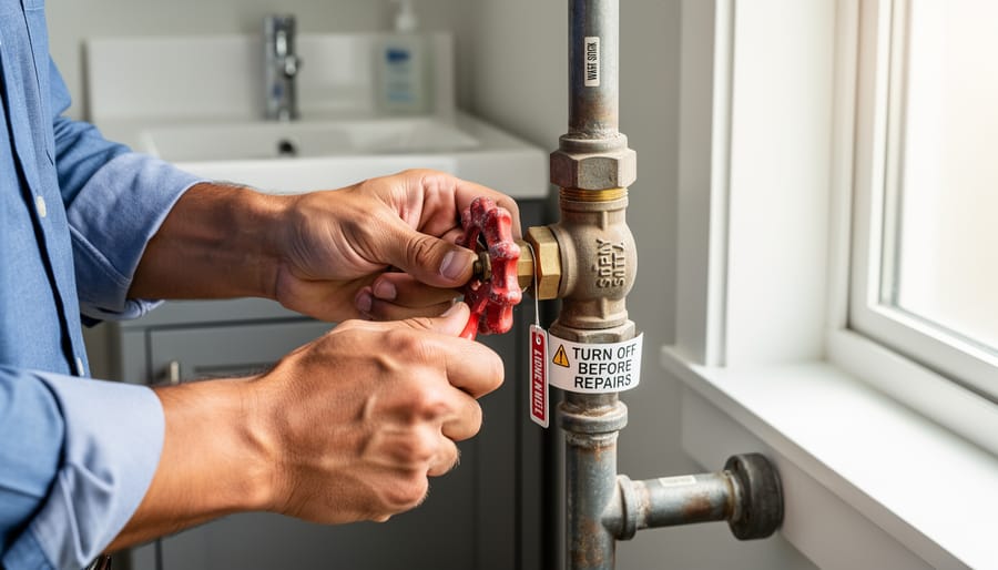 Close-up of hands turning a plumbing shutoff valve next to an open access panel