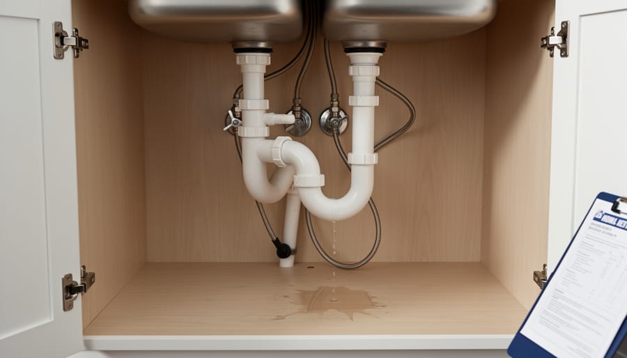Kitchen sink cabinet showing exposed pipes with a visible dripping leak
