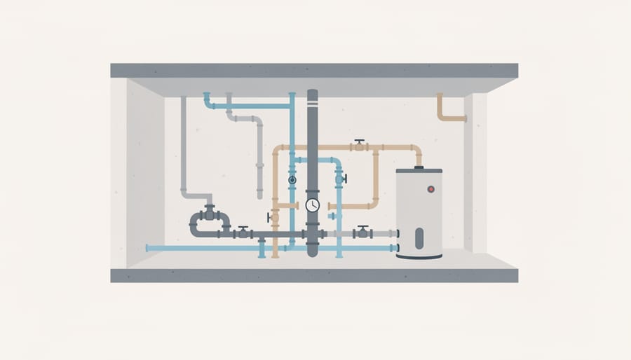 Whole-house water filtration represented by a basement utility room with main pipes and shutoff valve