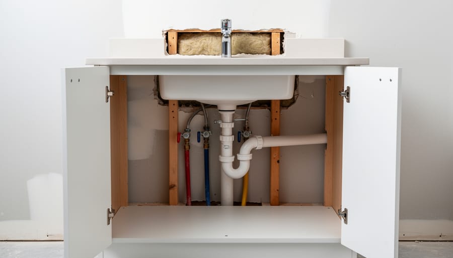 Close-up of hands holding a bathroom faucet shutoff valve and supply line above an open vanity cabinet