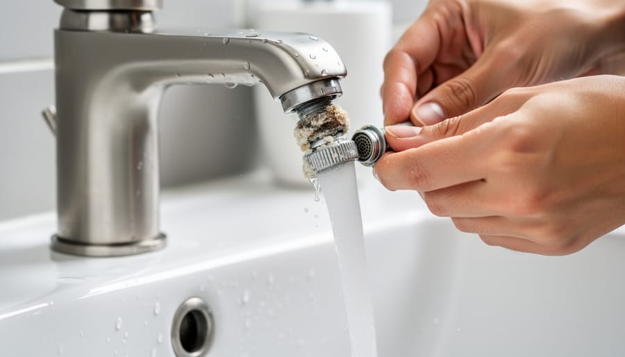 Close-up of kitchen faucet aerator being cleaned in a small bowl with mineral-speckled water