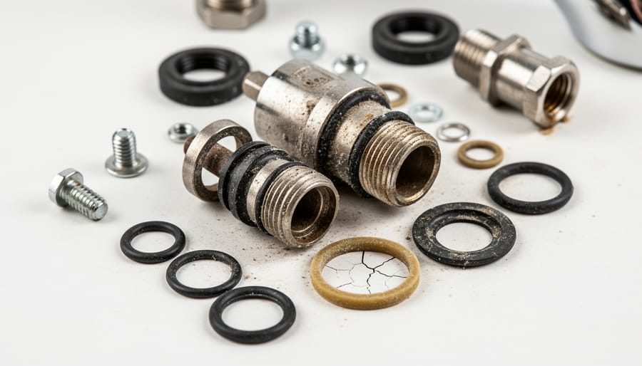 Macro view of disassembled kitchen faucet parts including a cartridge, rubber O-rings, and aerator component