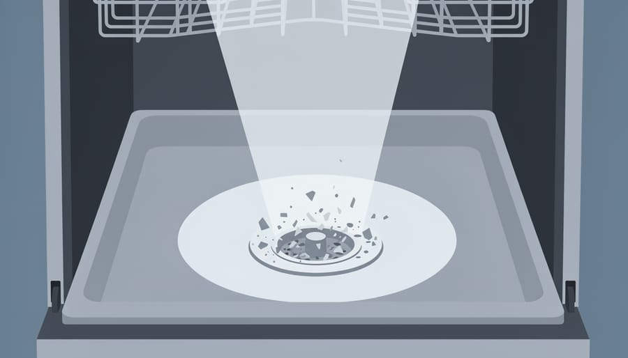 Flashlight-lit view of debris in the dishwasher bottom drain area