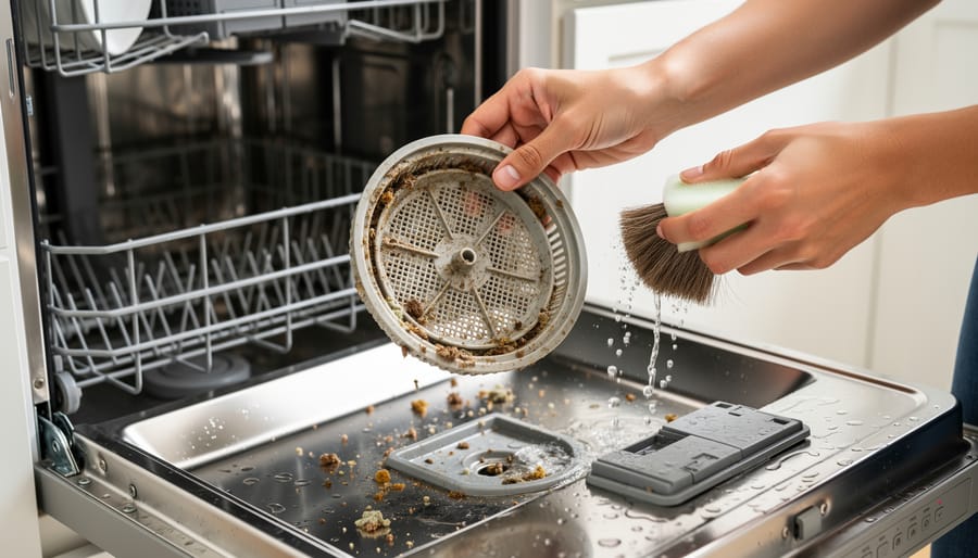 Close-up of hands removing a dishwasher filter with visible food residue and water droplets