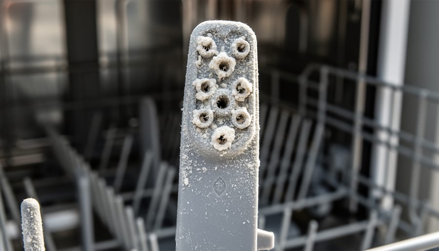 Dishwasher spray arm on a countertop showing mineral scale around the holes