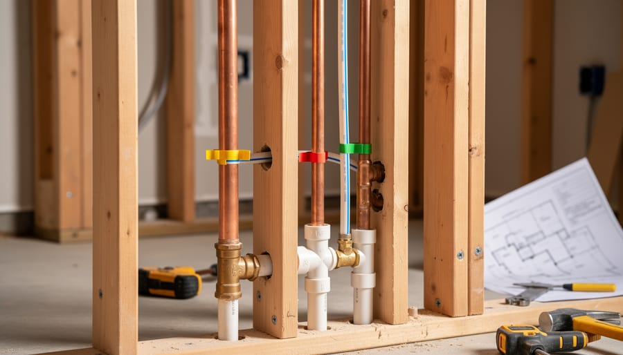 Exposed bathroom rough-in plumbing with copper and PEX pipes along wall studs during renovation