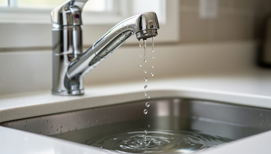 Kitchen sink faucet with a visible slow drip from the spout and water pooling in the sink basin