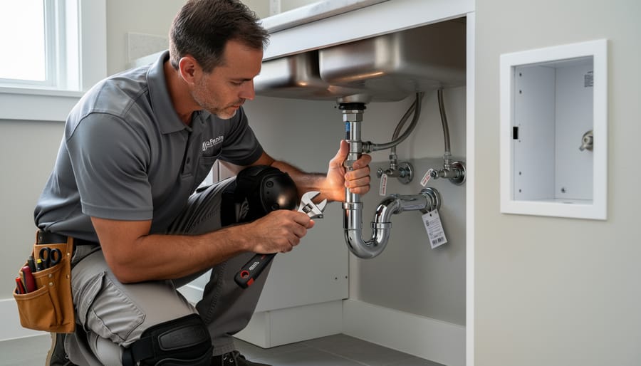 Plumber kneeling in a bathroom renovation checking a toilet plumbing connection with a wrench