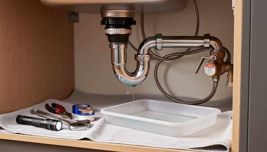Hand holding an adjustable wrench near under-sink plumbing connections and shutoff valve